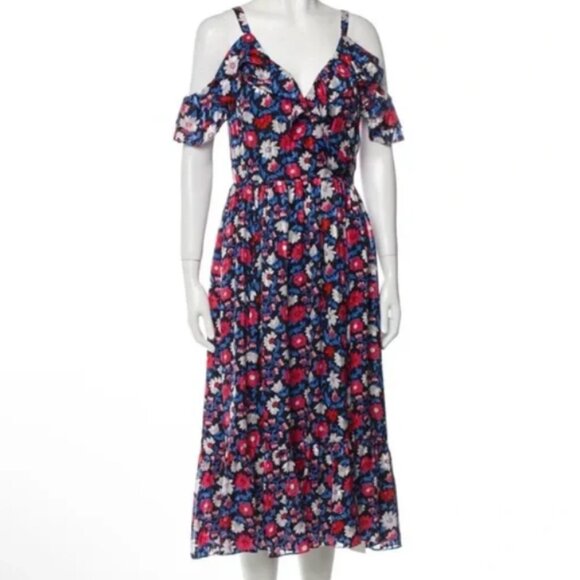 Kate Spade New York Navy Daisy Cutout Shoulder Silk Midi Dress Sz 2 EUC - Picture 4 of 10